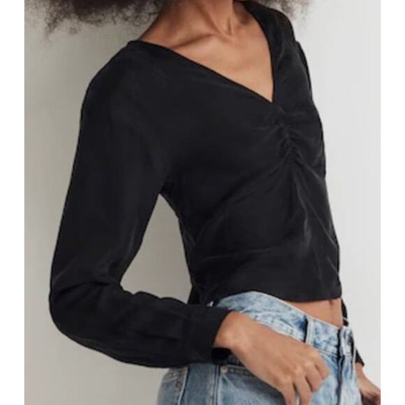 Madewell Brushed Ruched Front V Neck Long Sleeve Cupro Top US Women's 00 New - Picture 1 of 7